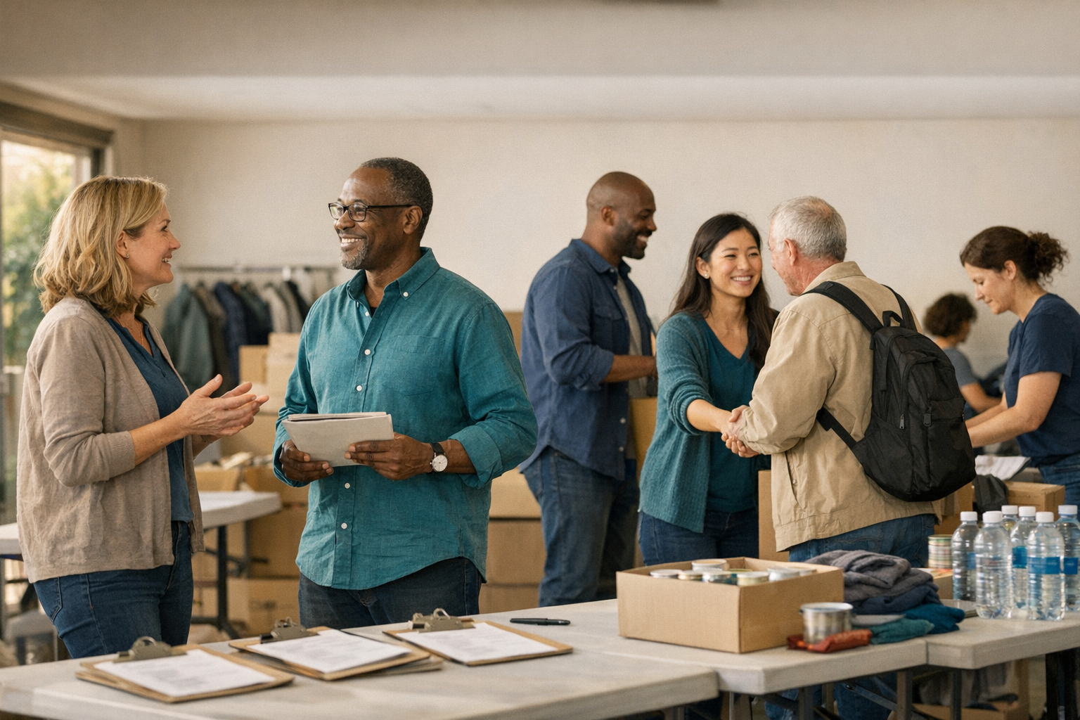 Volunteers and partners preparing materials together in a welcoming community support space.
