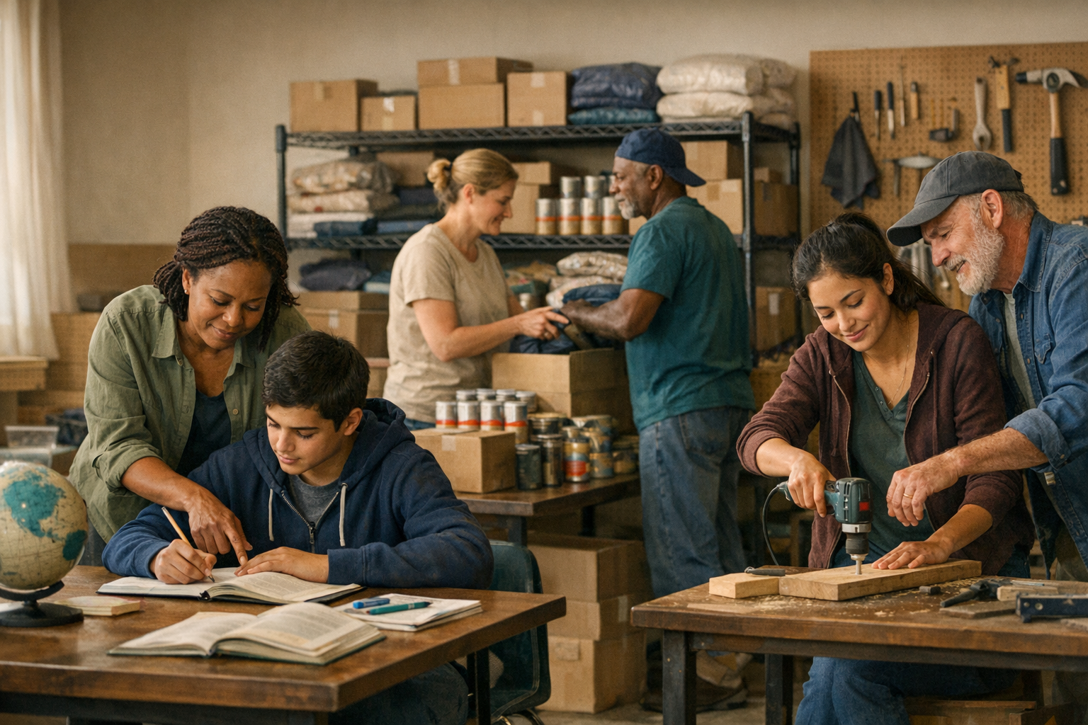 People supporting education, relief supplies, and skills training in a community program space.